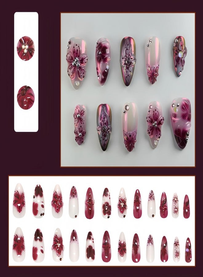 SHUXILIN 24Pcs Burgundy Gradient Flower Press on Nails Medium Almond Fake Nails with 3D Pearl Design Ombre False Nails Glue on Nails Artificial Hibiscus Acrylic Nail Floral Stick on Nail for Women - Image 2